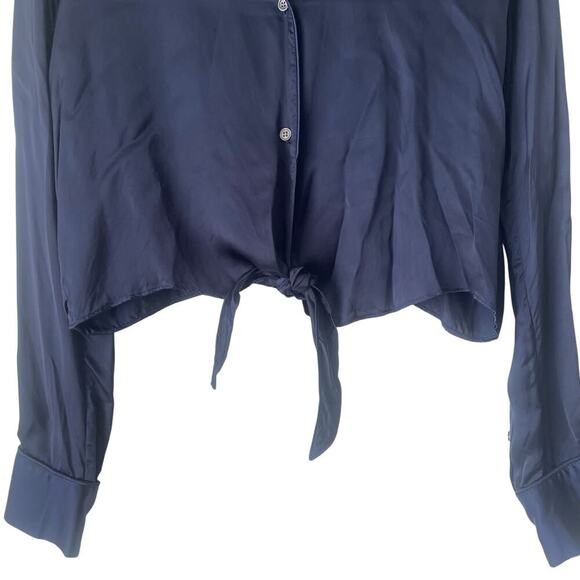 Aritzia Wilfred Satin Cropped Blouse Tie Front in Navy Blue Size Small - Picture 3 of 8